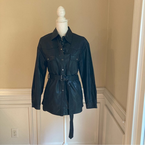 ZARA Faux Vegan Leather Button Up Shirt Belted Jacket - Picture 8 of 8